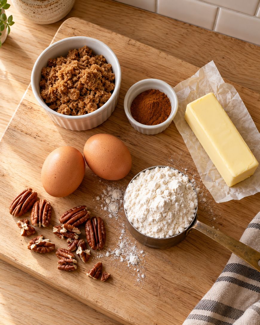 Baking ingredients on a wooden board: brown sugar, cinnamon, a stick of butter, two eggs, pecans, and a measuring cup of flour, with a striped towel and a tiled background.