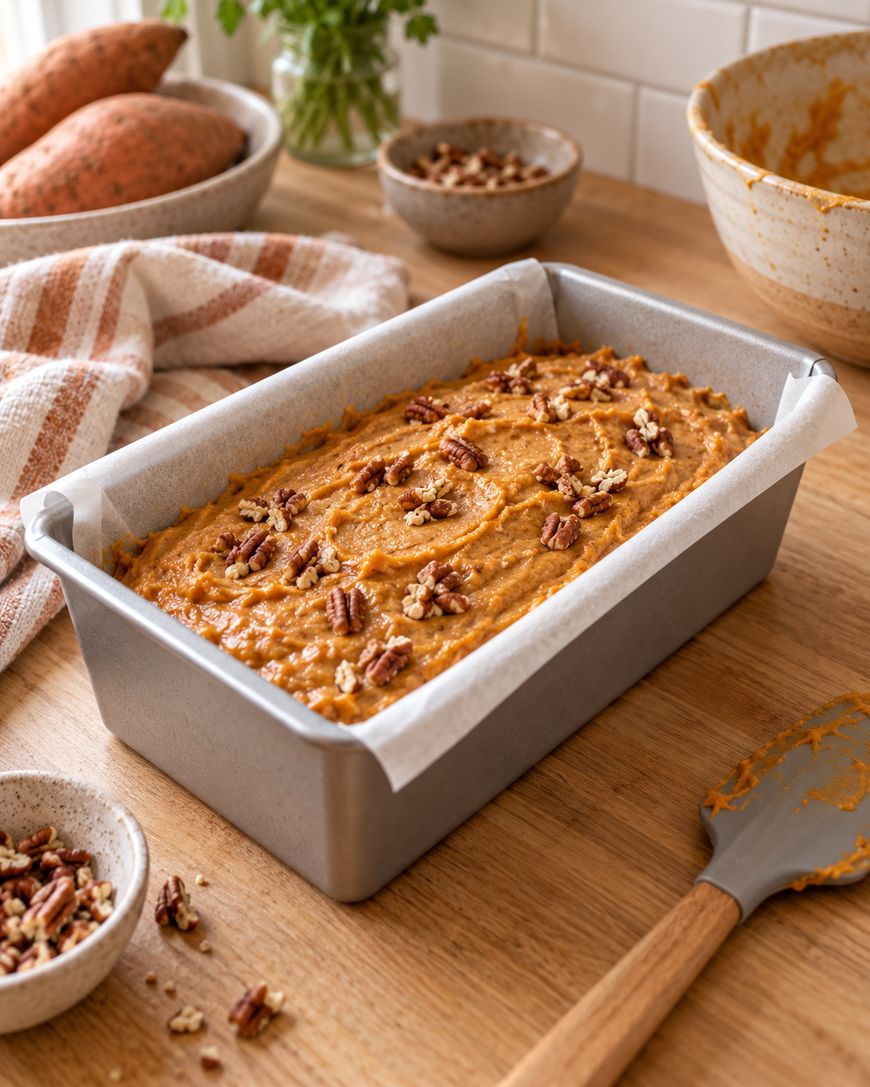 Unbaked sweet potato bread batter in a loaf pan, topped with chopped pecans, sits on a wooden counter with a spatula, bowl of pecans, sweet potatoes, and a striped towel nearby.