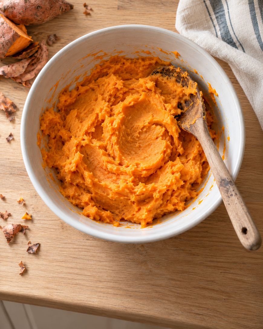 A bowl of mashed sweet potatoes with a wooden spoon rests on a wooden surface next to a striped towel and some sweet potato peels.