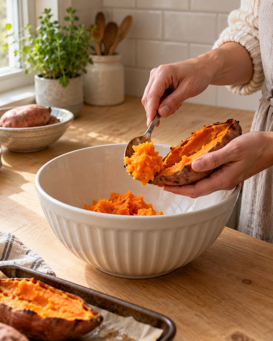 A person scoops cooked sweet potato from its skin into a large white mixing bowl on a kitchen counter with herbs, sweet potatoes, and a baking tray nearby.