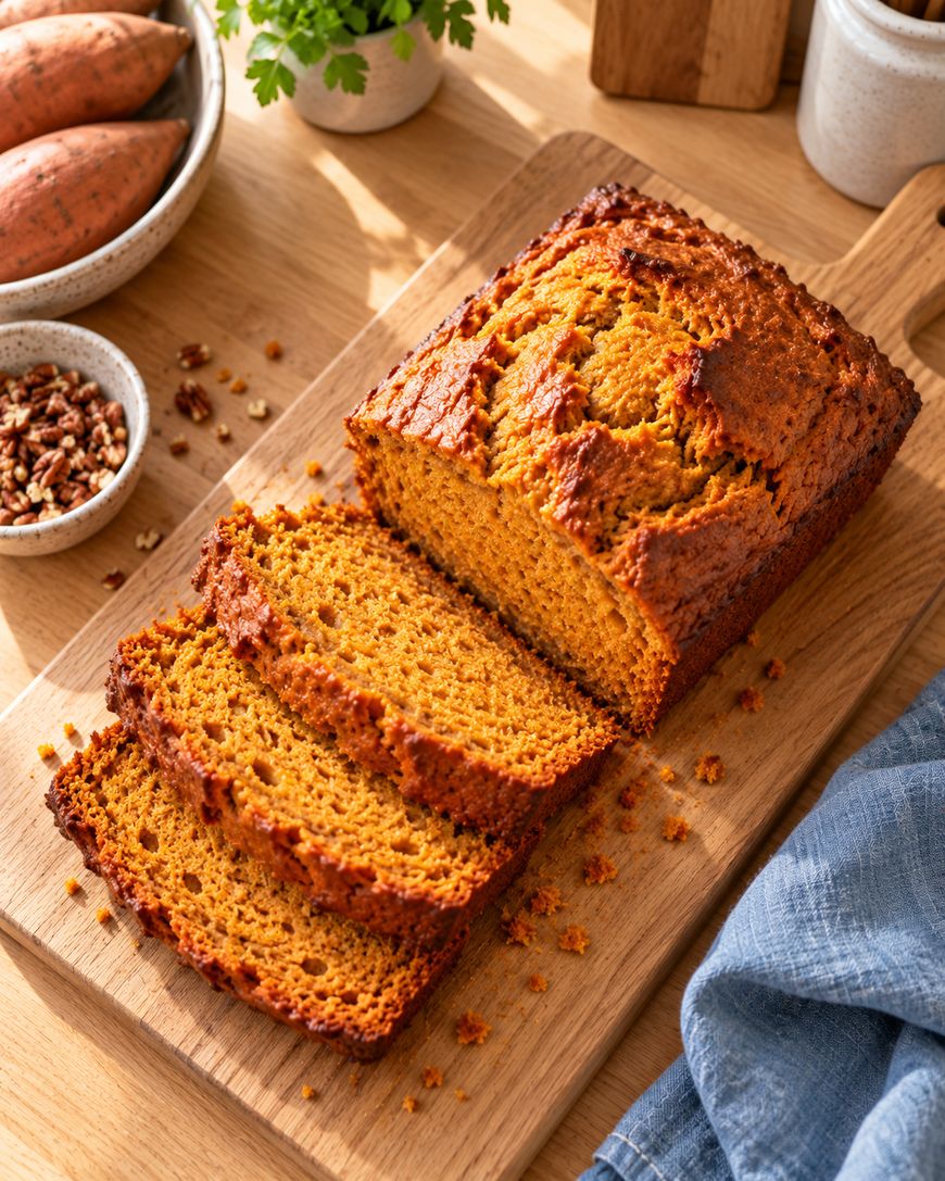 A loaf of sweet potato bread, partially sliced, sits on a wooden cutting board. Slices are golden brown and moist. Nearby are sweet potatoes, pecans, and a blue cloth napkin. Natural light brightens the scene.