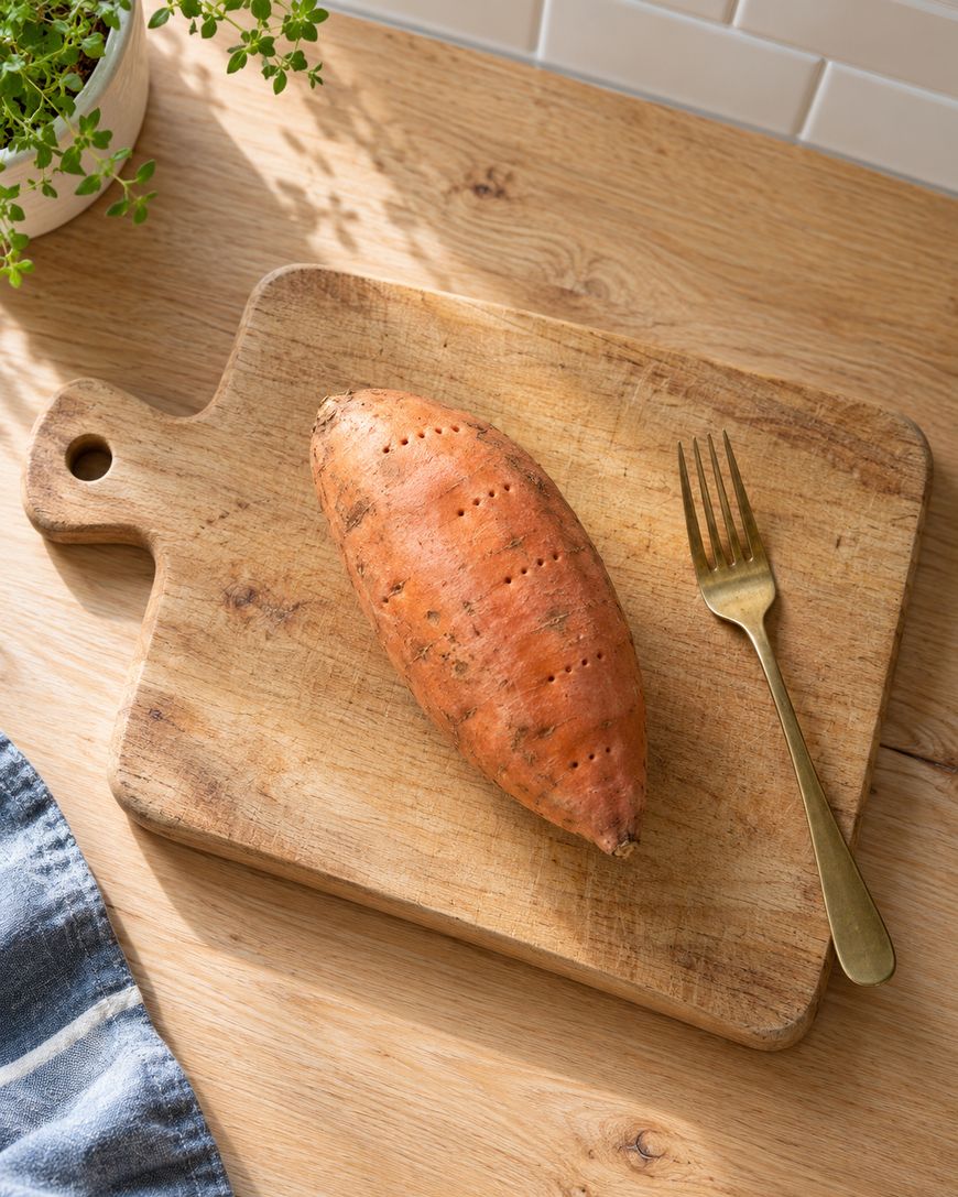 A whole sweet potato with fork marks sits on a wooden cutting board next to a gold fork, with a plant and a blue towel nearby on a light wooden table.