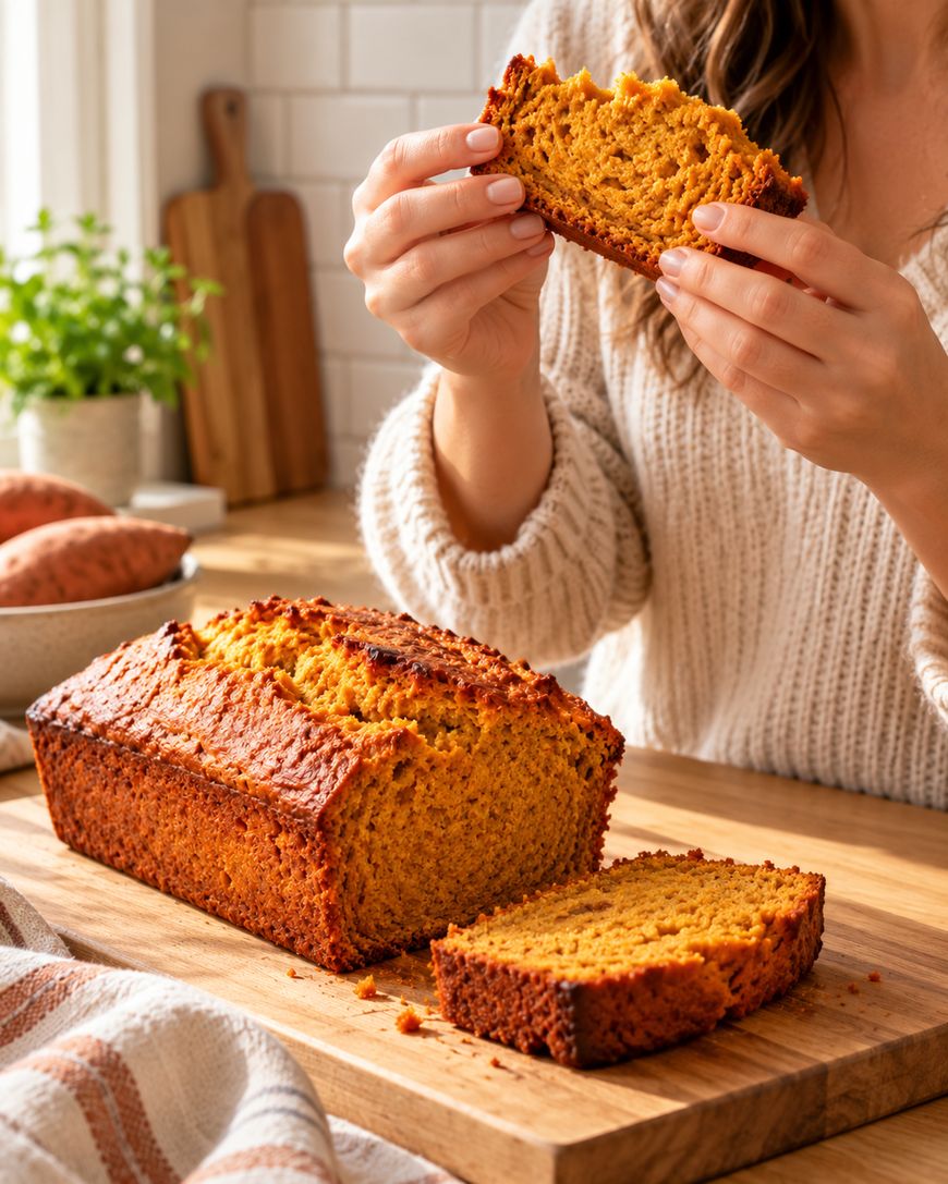 A woman in a cream sweater holds a slice of freshly baked sweet potato bread, with a loaf and more slices on a wooden cutting board in a bright kitchen.