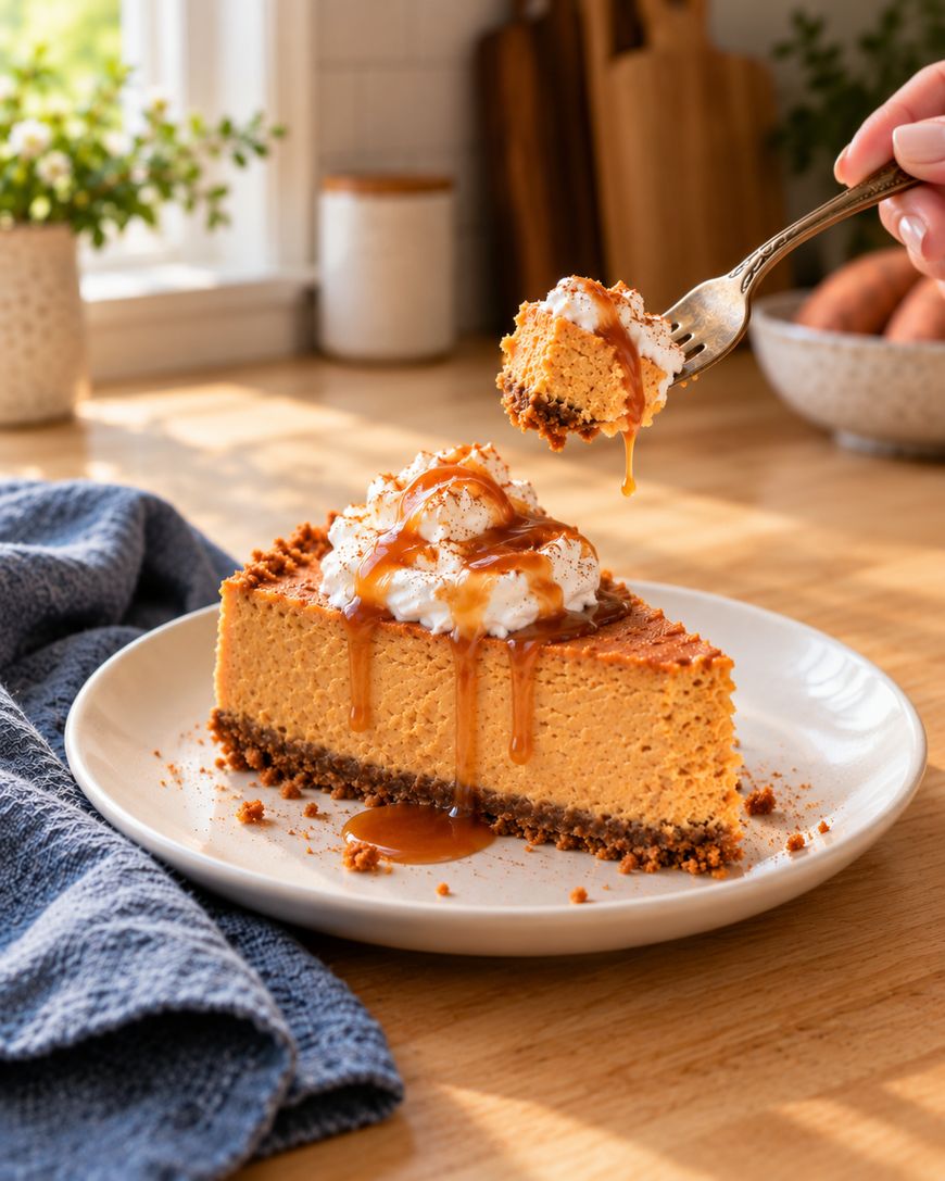 A slice of pumpkin cheesecake with whipped cream and caramel sauce on a plate; a hand holds a fork with a bite above the dessert. Sunlight streams onto a wooden kitchen counter in the background.