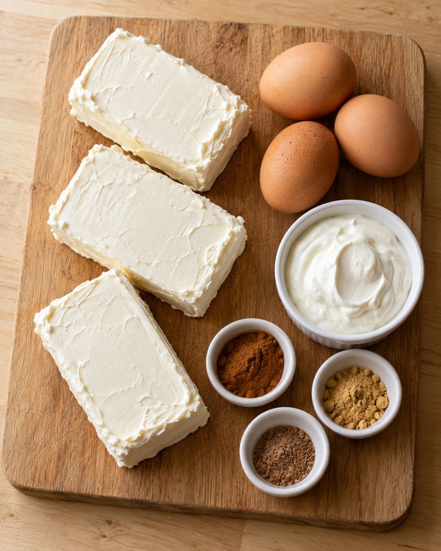 Three blocks of cream cheese, three brown eggs, a bowl of sour cream, and three small bowls of different spices are arranged neatly on a wooden cutting board.
