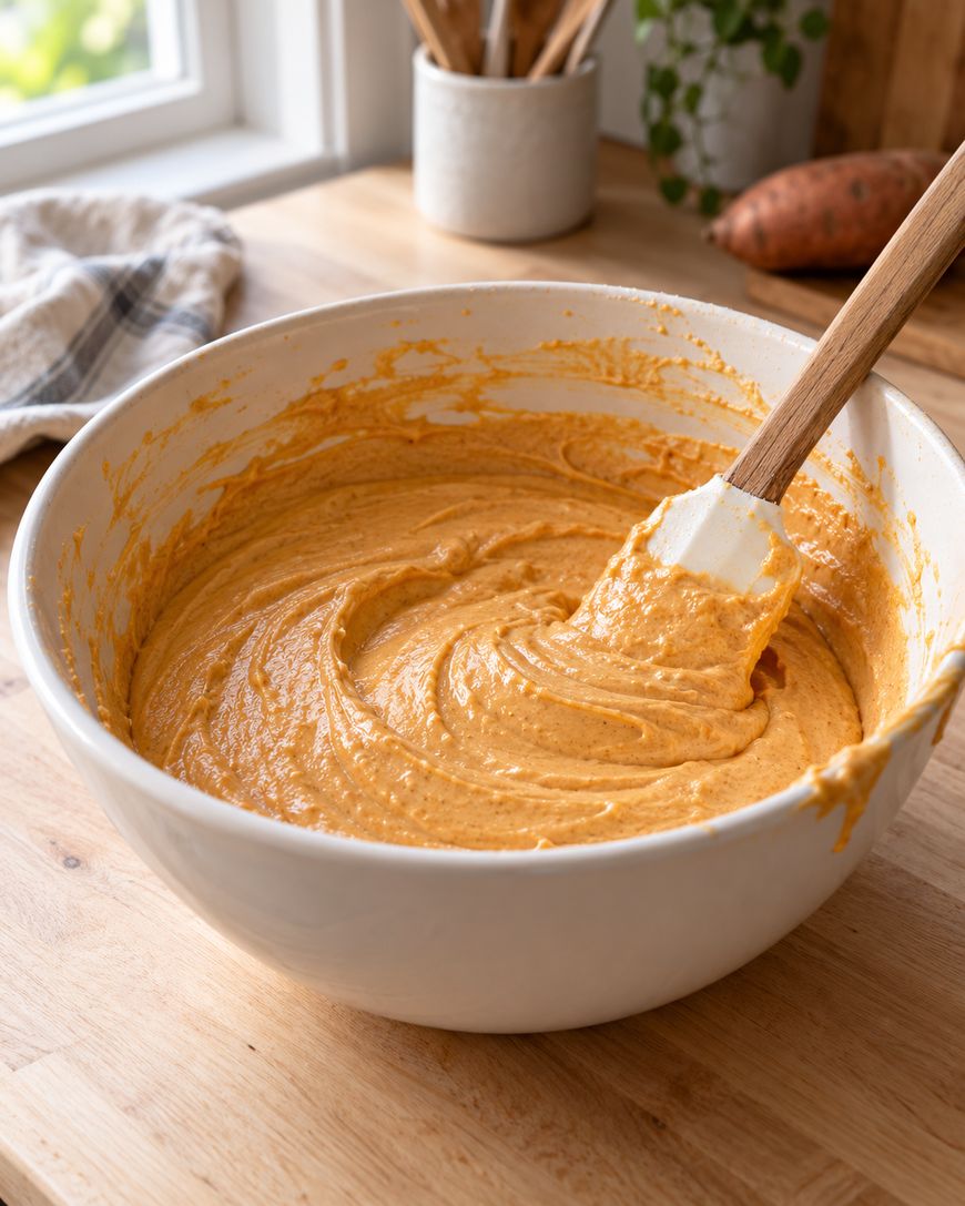 A large white bowl filled with orange batter is on a wooden countertop. A spatula rests in the bowl, and a sweet potato, towel, and potted plant are in the background near a window.
