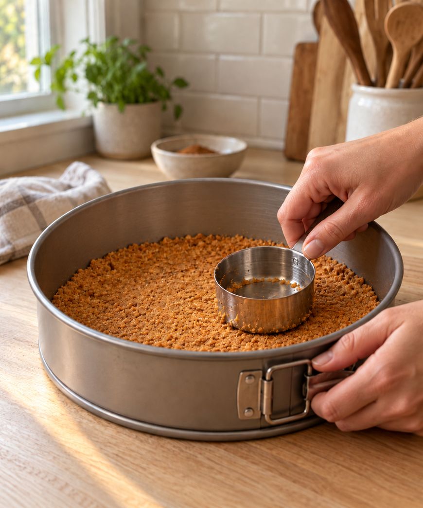 Hands press graham cracker crust into a springform pan using a metal measuring cup on a wooden kitchen counter with plants and utensils in the background.