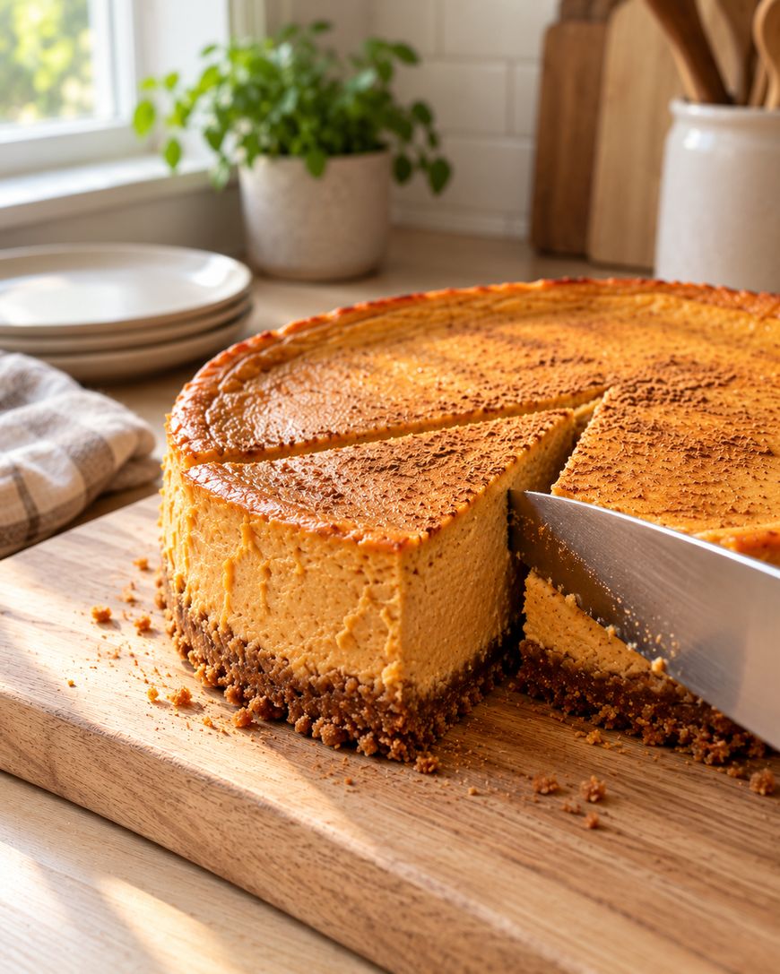 A knife slices into a creamy, golden-brown cheesecake with a crumbly crust, set on a wooden board in a sunlit kitchen near stacked plates, a towel, and a potted plant.