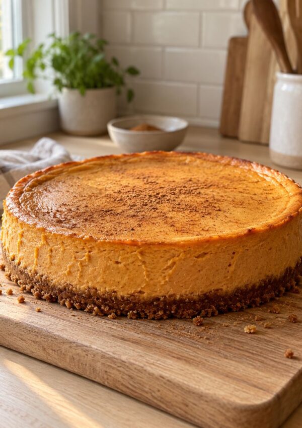A pumpkin cheesecake with a crumbly crust sits on a wooden board in a cozy kitchen, topped with a light dusting of cinnamon. A plant, bowl, and utensils are visible in the softly lit background.