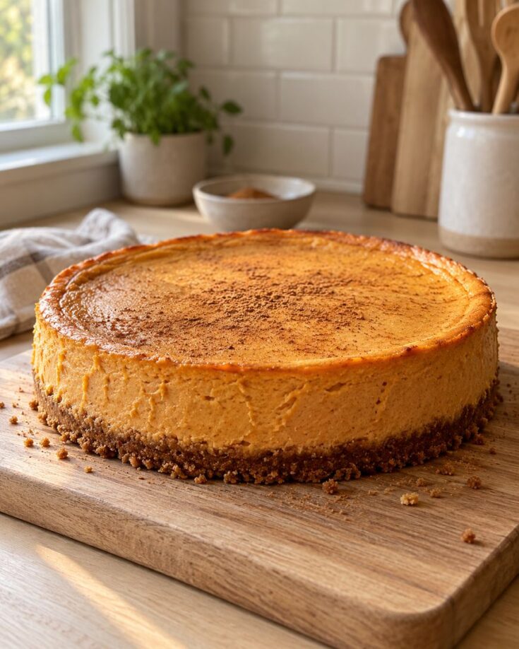 A pumpkin cheesecake with a crumbly crust sits on a wooden board in a cozy kitchen, topped with a light dusting of cinnamon. A plant, bowl, and utensils are visible in the softly lit background.