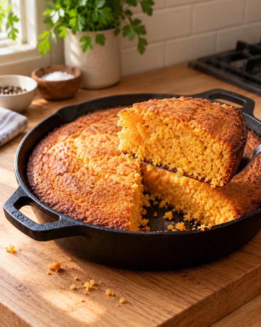 A slice of cornbread being lifted with a spatula from a cast-iron skillet.