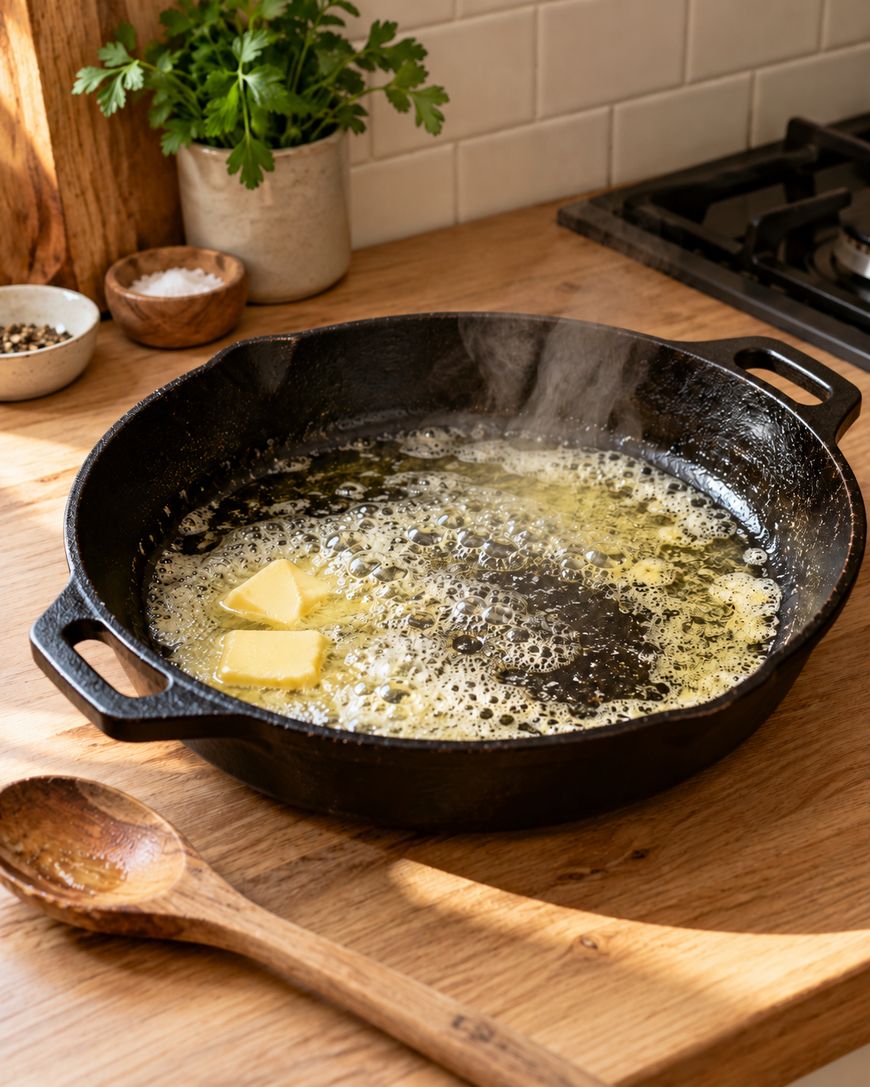 Butter melting and sizzling in a hot cast iron skillet on a wooden countertop.