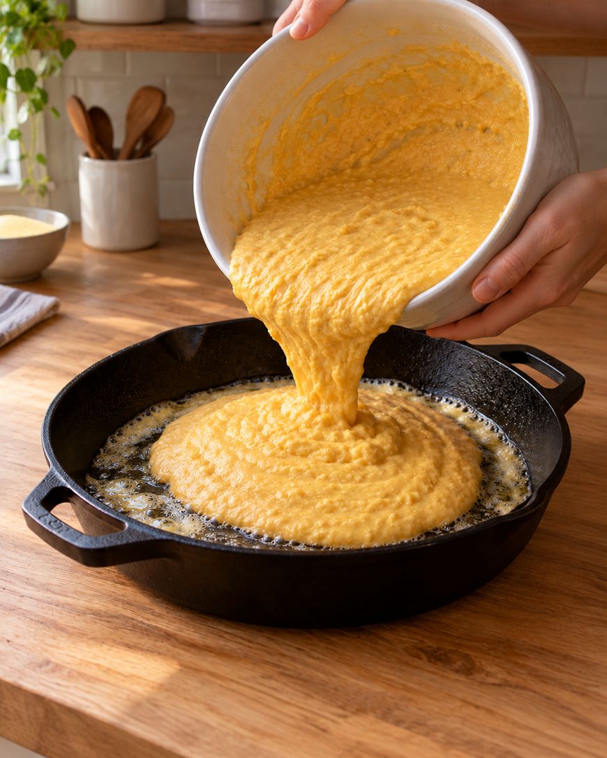 Hands pouring thick yellow cornbread batter from a ceramic bowl into a hot, buttered cast-iron skillet.