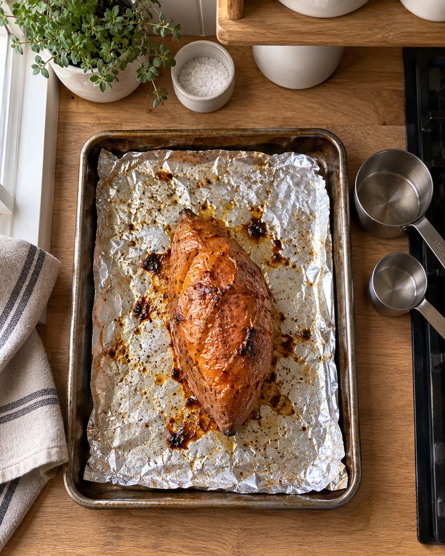 A roasted sweet potato on a foil-lined baking sheet.