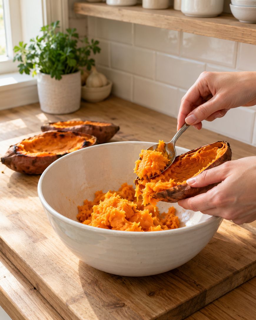 Hands scooping the cooked orange flesh of a roasted sweet potato into a white bowl.