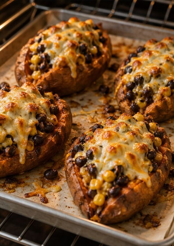 Four baked sweet potatoes on a baking sheet, stuffed with black beans and corn and topped with melted cheese.