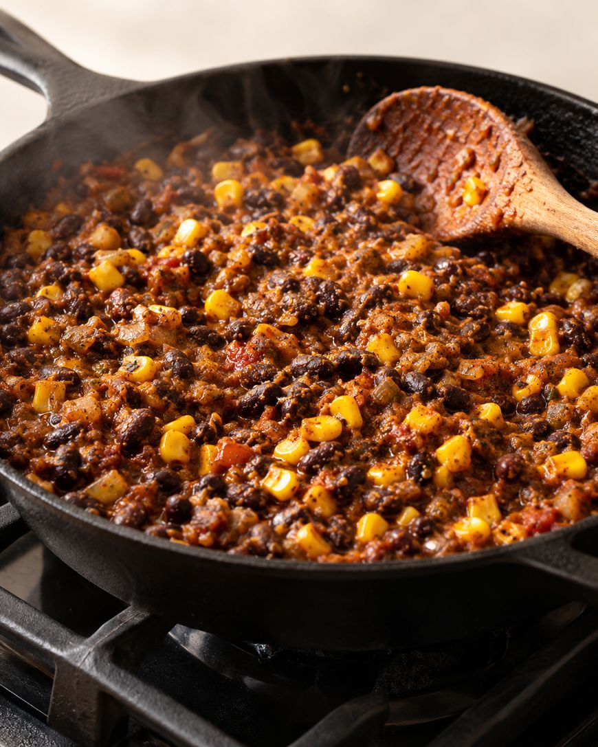Black bean and corn chili simmering in a cast iron skillet with a wooden spoon.