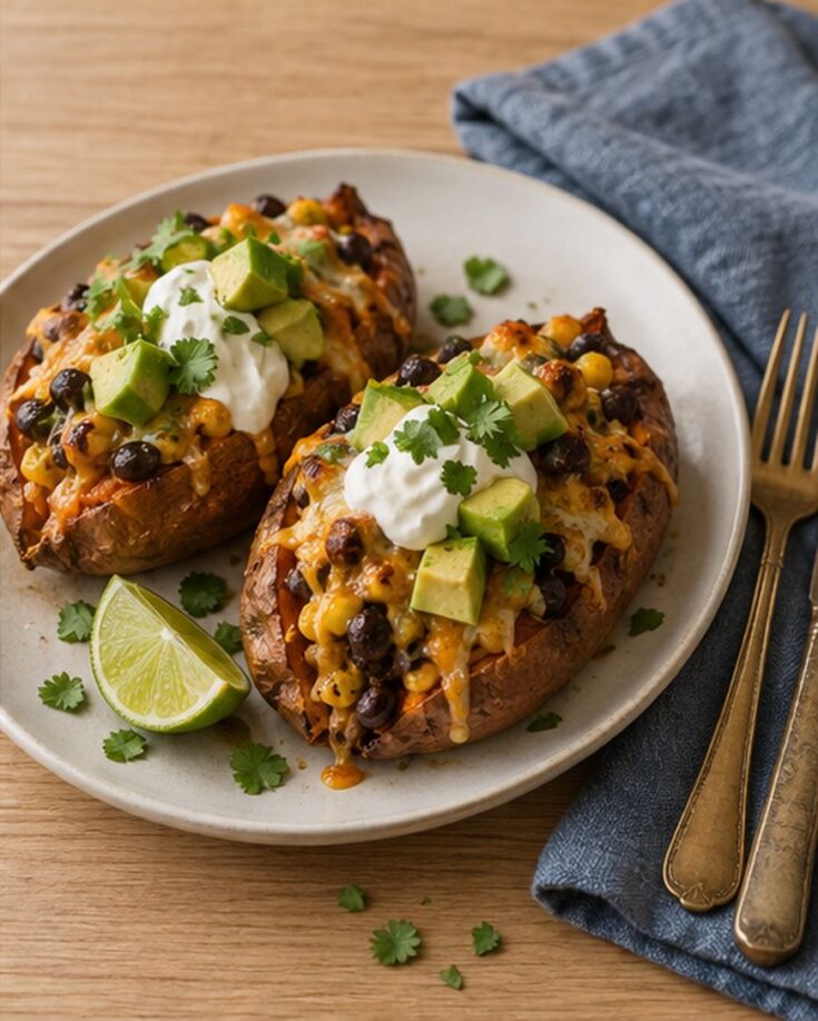 Two baked sweet potatoes topped with black beans, melted cheese, sour cream, and avocado, served with a lime wedge.