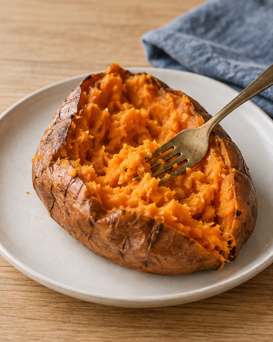 A baked sweet potato on a plate, split open with a fork in the center.