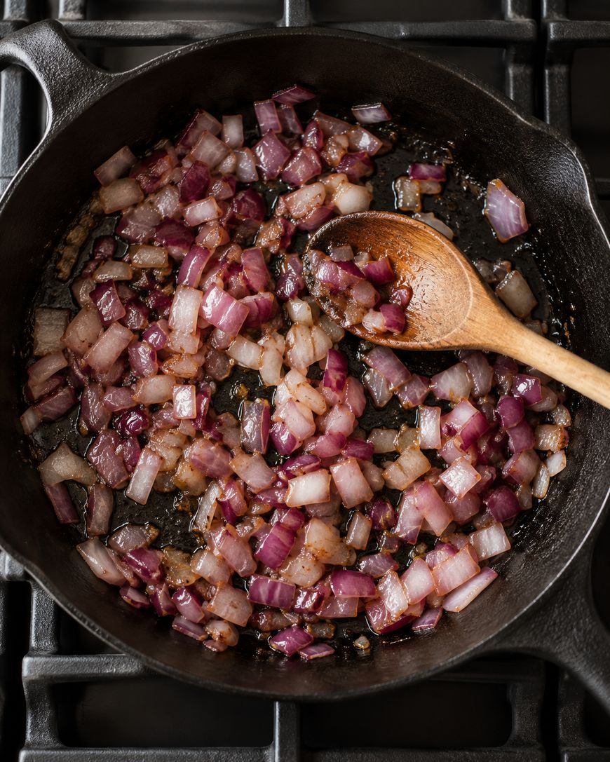 Chopped red onions cooking in a cast-iron skillet, being stirred with a wooden spoon.