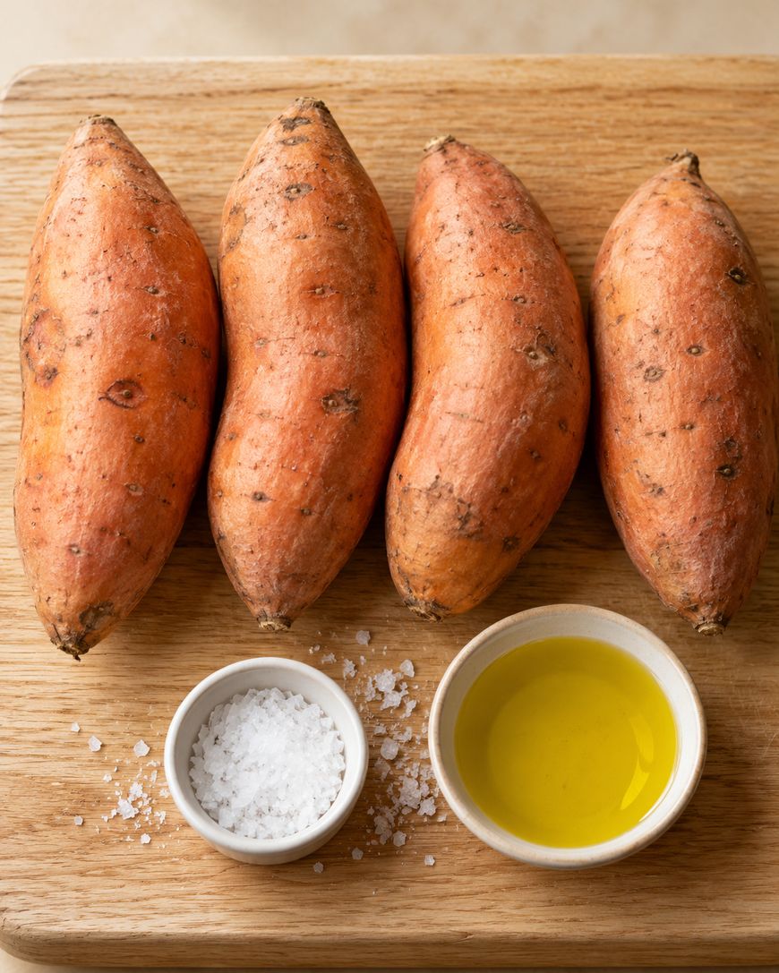 Four sweet potatoes arranged in a row above small bowls of sea salt and olive oil on a wooden cutting board.