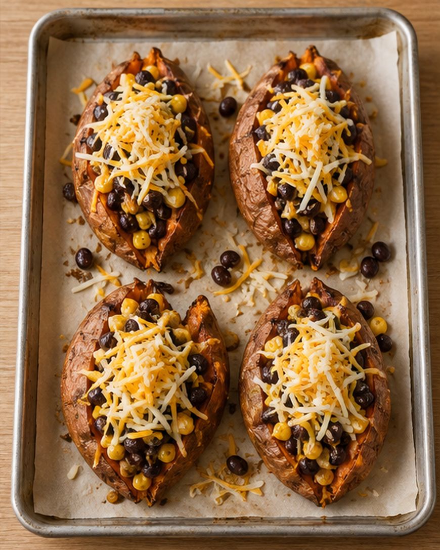 Four baked sweet potatoes on a baking sheet, stuffed with black beans, corn, and shredded cheese.