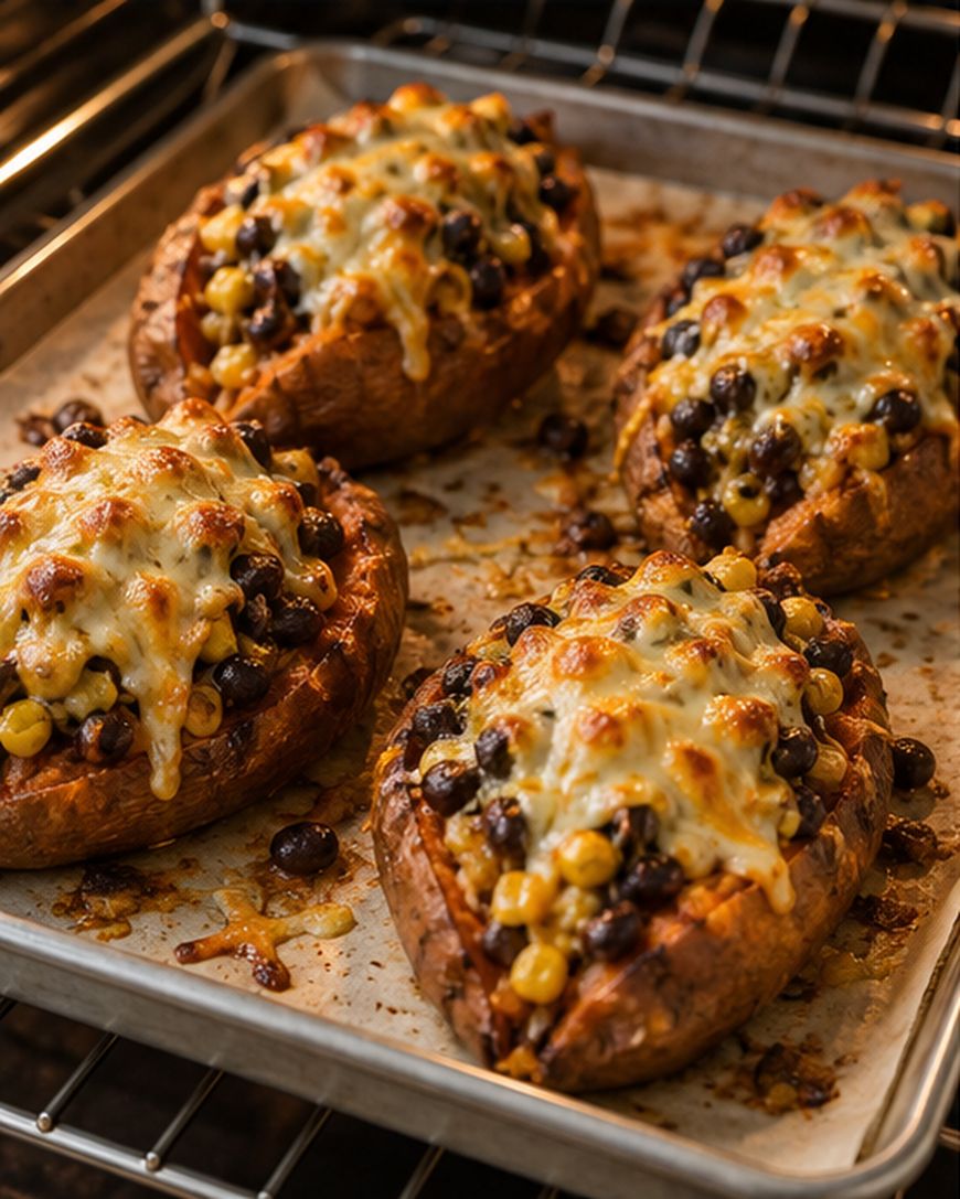Four baked sweet potatoes stuffed with black beans and corn, topped with melted cheese on a baking sheet.