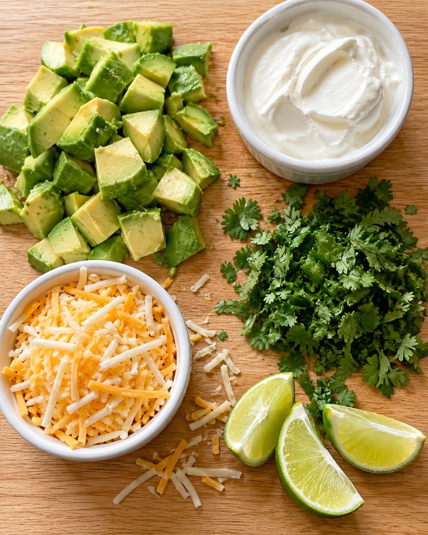 Diced avocado, a bowl of sour cream, shredded cheese, chopped cilantro, and lime wedges arranged on a wooden cutting board.