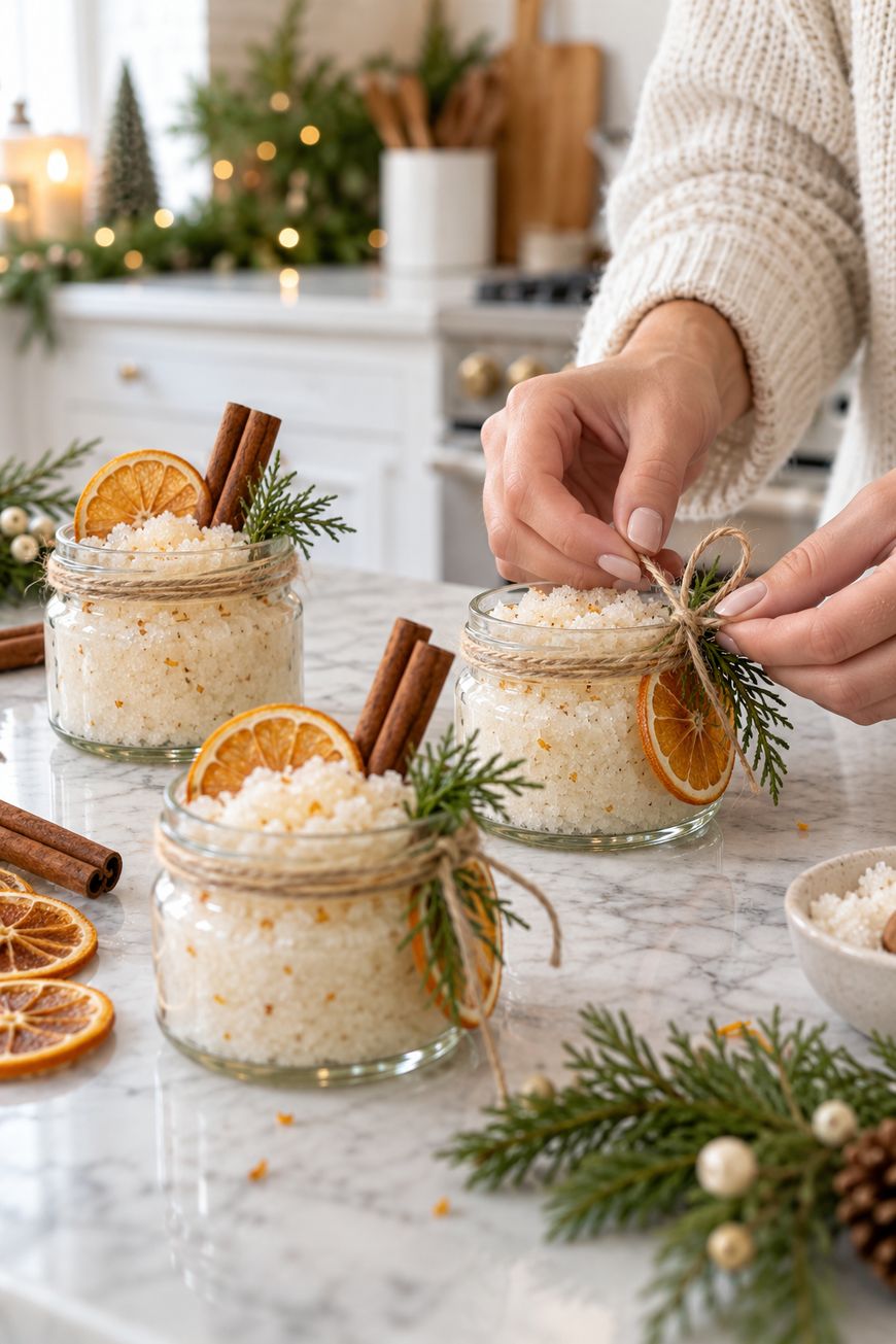 Hands tie twine around a jar filled with homemade bath salts, garnished with dried orange, cinnamon sticks, and pine sprigs. Two similar jars are on a marble counter in a festive, decorated kitchen.