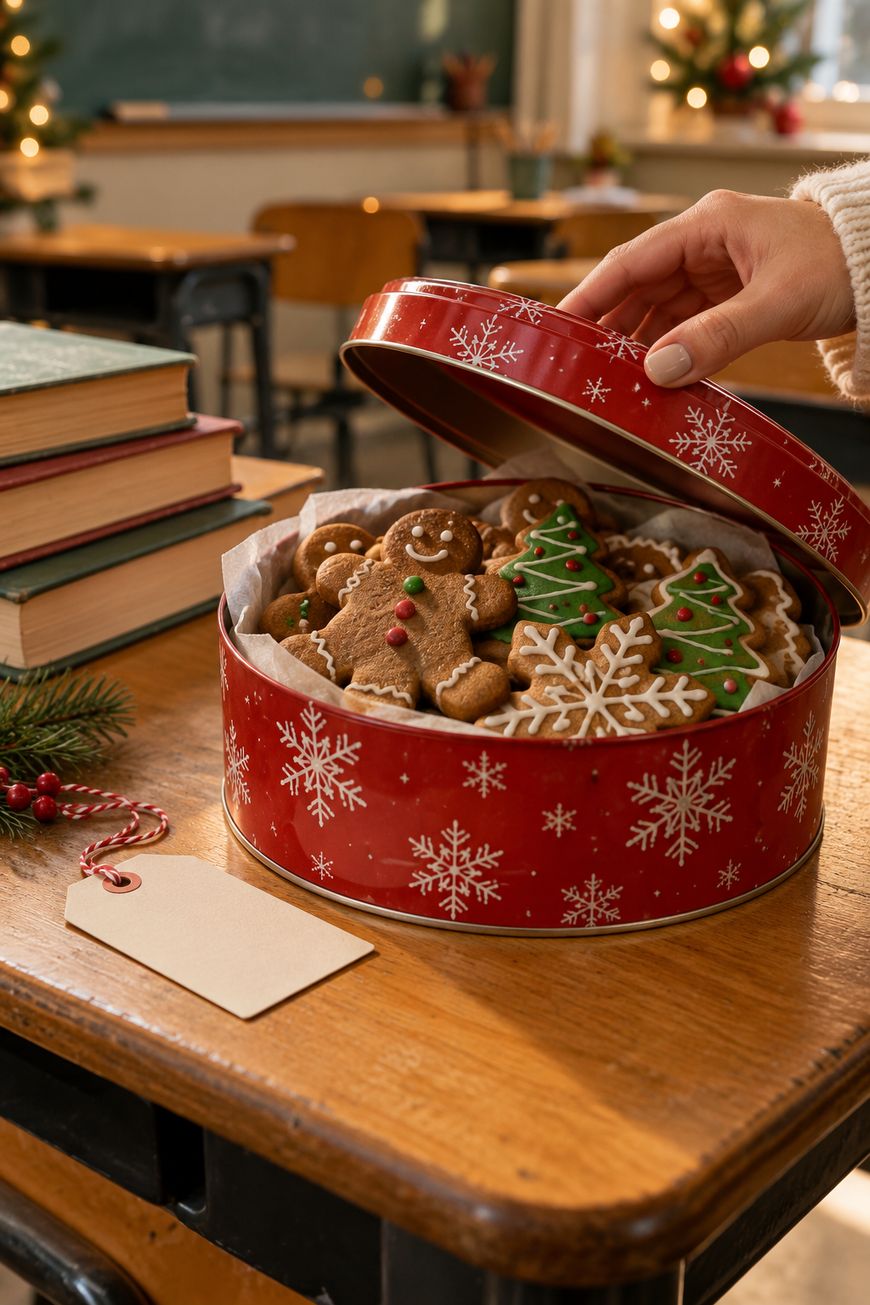 A hand lifts the lid of a red snowflake tin filled with decorated Christmas cookies, including gingerbread men and trees, on a classroom desk beside books and a blank gift tag.