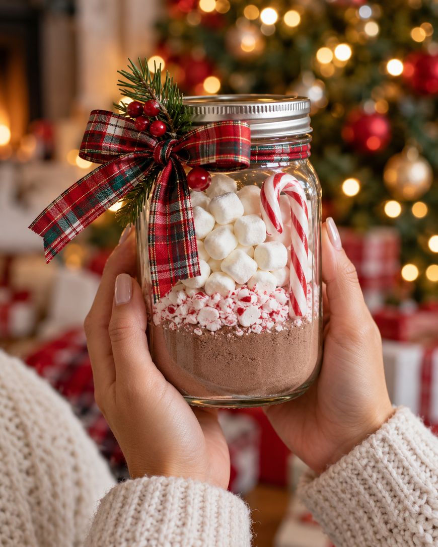 A person holds a mason jar filled with hot cocoa mix, marshmallows, crushed peppermint, and candy canes, decorated with a festive plaid bow, in front of a decorated Christmas tree.