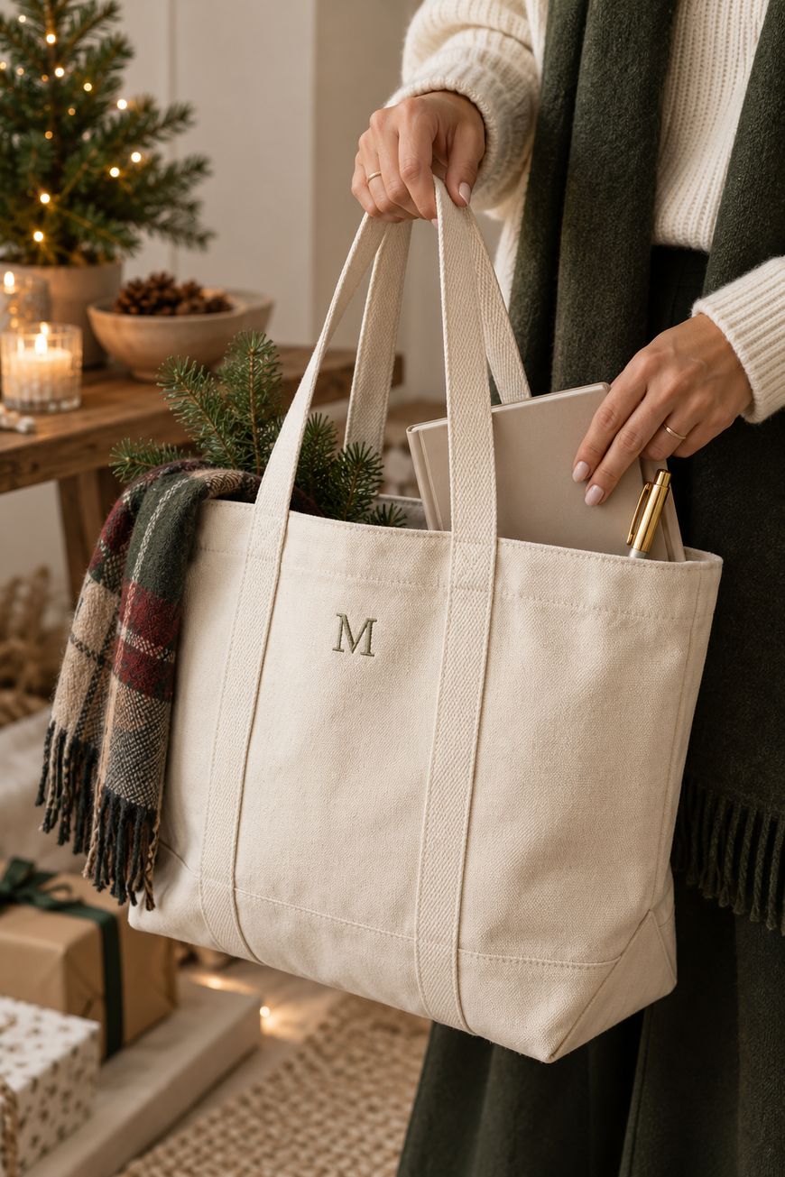 A person holds a beige tote bag with an M monogram, containing a notebook, pen, greenery, and a plaid scarf. A small decorated Christmas tree and wrapped gifts are in the background.