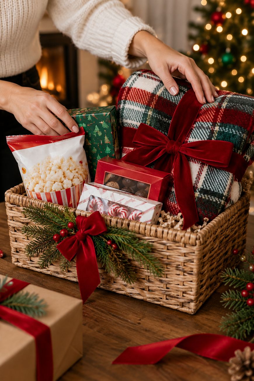 A person places gifts, including a plaid pillow, popcorn, chocolates, and peppermint bark, into a woven basket decorated with red ribbons and greenery. A Christmas tree and fireplace are in the background.