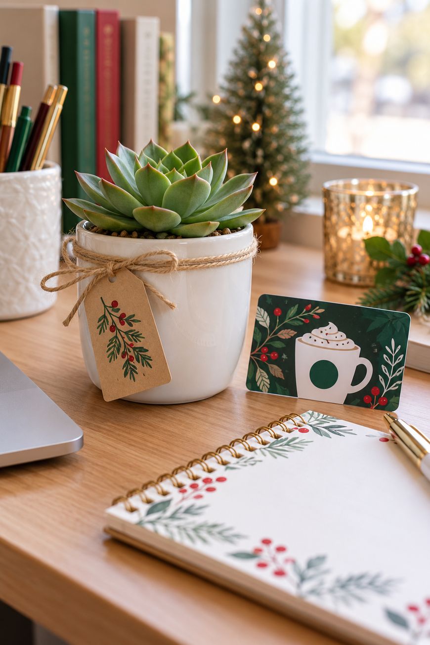 A succulent in a white pot with a holiday tag, a festive gift card, a notebook with holiday designs, and pens sit on a wooden desk next to a lit candle and small Christmas tree.