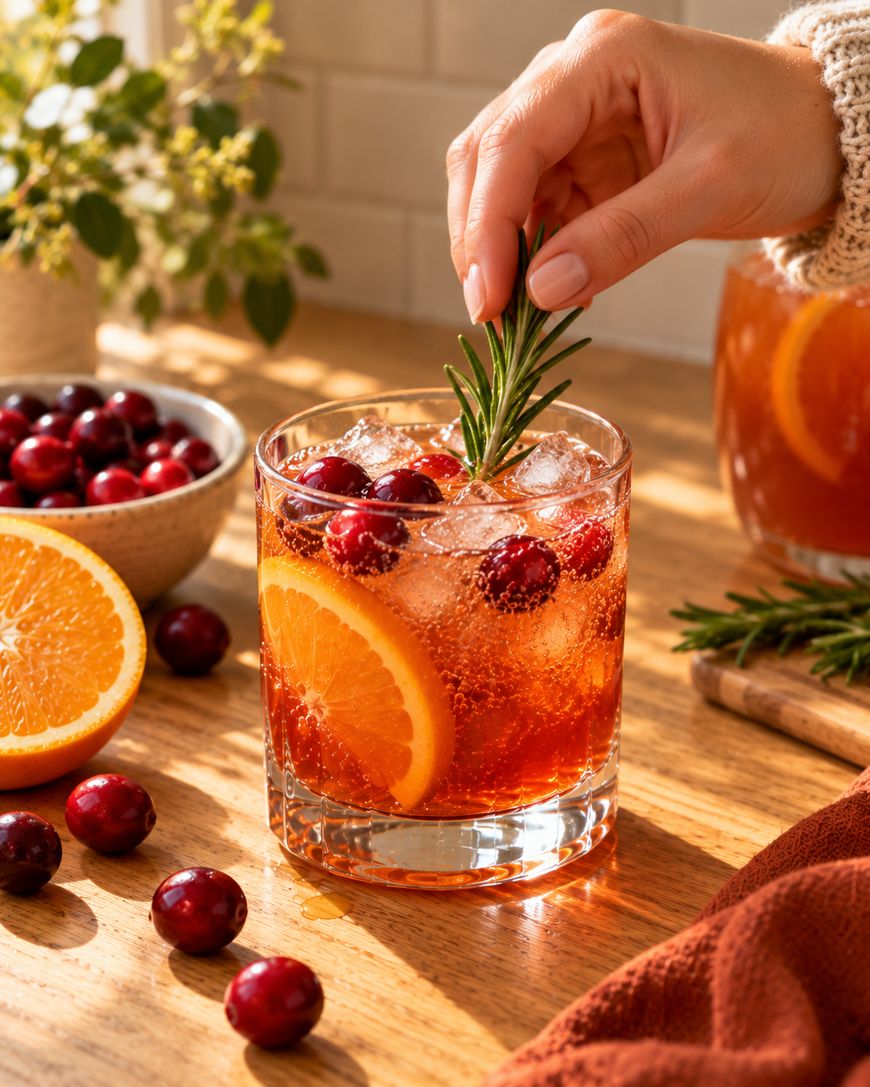 A hand garnishes a sparkling cranberry and orange drink with rosemary. The drink is in a glass with ice, orange slices, cranberries, and other fresh ingredients on a wooden table.