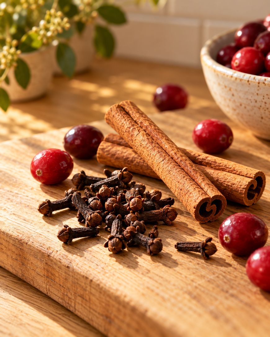 Two cinnamon sticks, whole cloves, and fresh cranberries are arranged on a wooden cutting board. A bowl of cranberries and green leaves are in the background, bathed in warm sunlight.