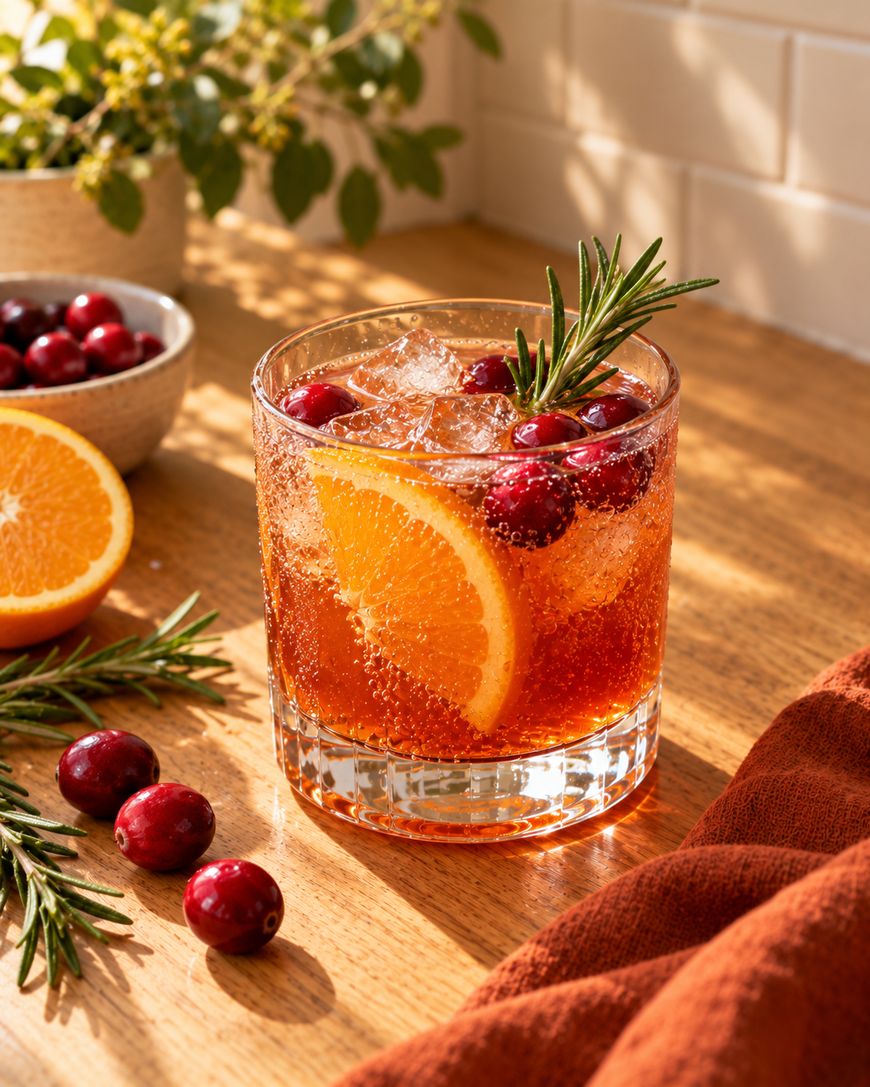 A glass of sparkling orange drink with ice, cranberries, an orange slice, and rosemary sits on a wooden table, surrounded by cranberries, rosemary sprigs, and half an orange in warm sunlight.