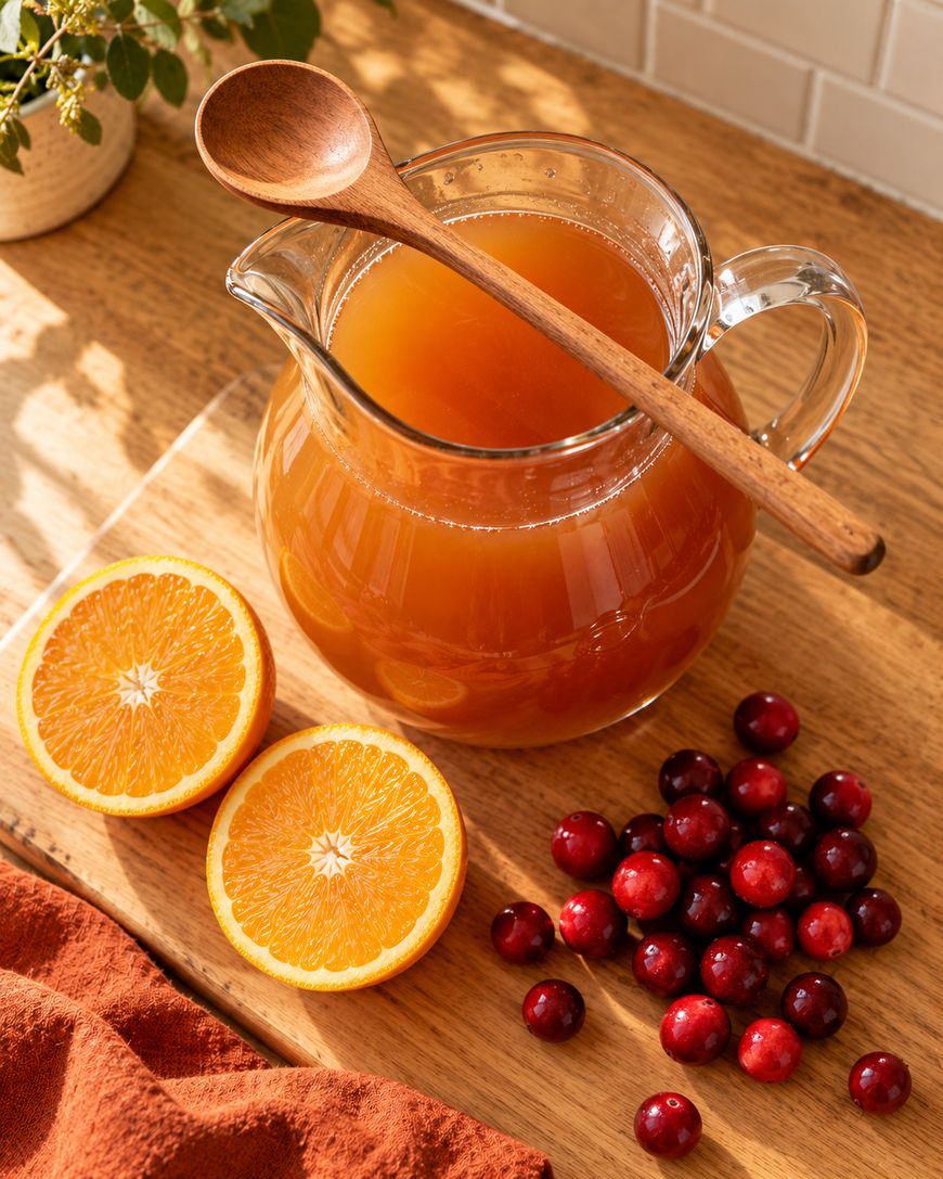 A glass pitcher of orange-colored juice sits on a wooden table with a wooden spoon on top. Next to it are a halved orange, scattered cranberries, and a rust-colored cloth napkin. Sunlight streams in from the side.