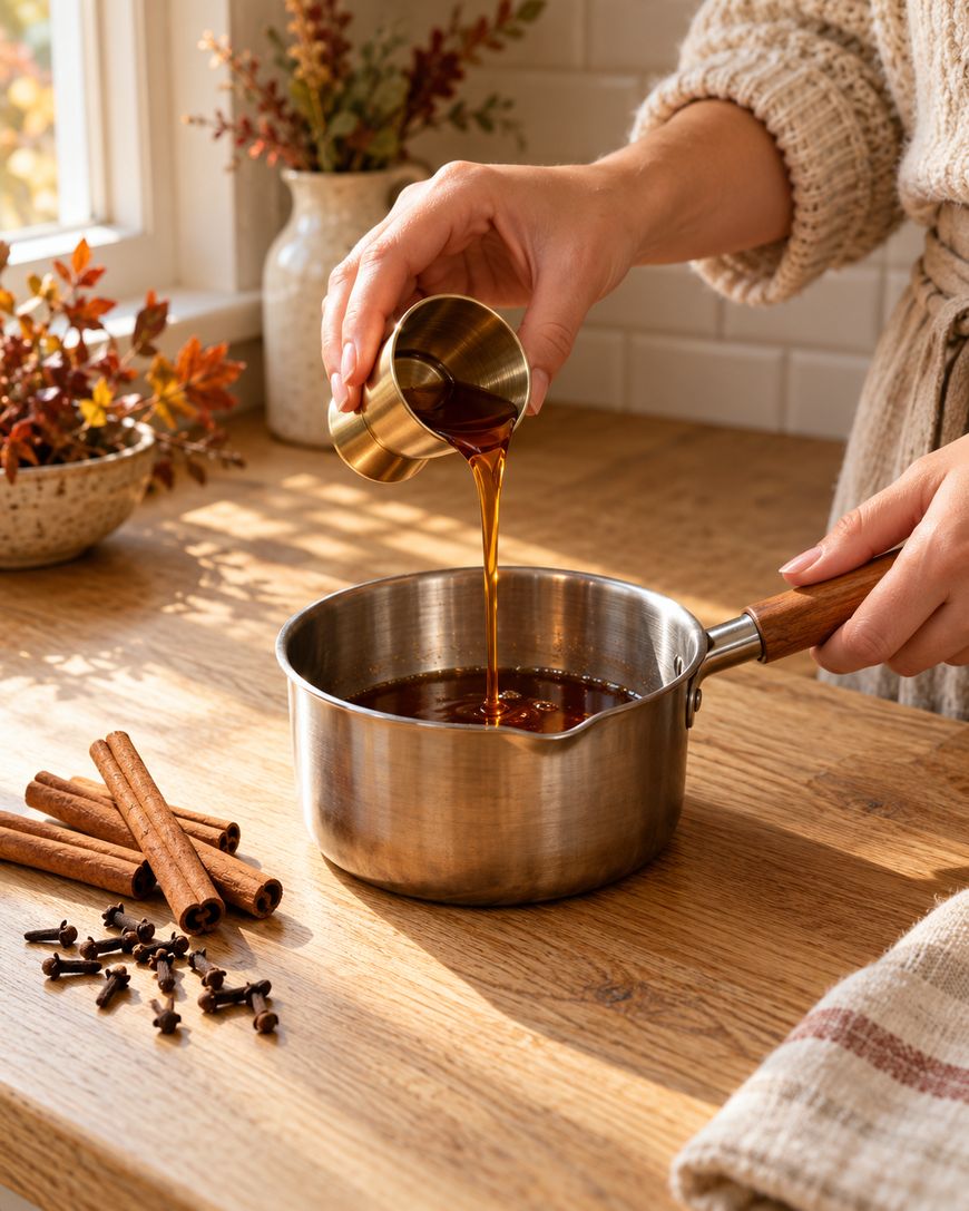 A person pours a dark liquid from a small cup into a saucepan on a wooden counter, with cinnamon sticks, cloves, and autumn decor nearby.