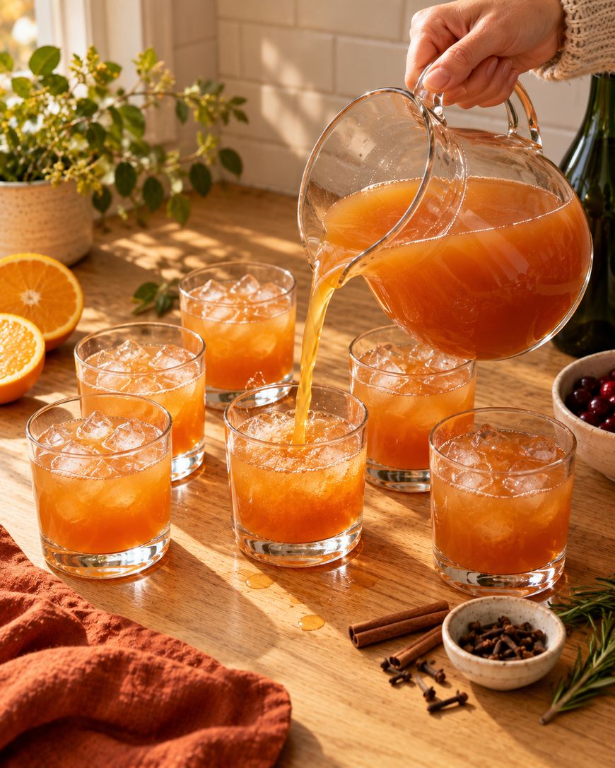 A hand pours orange punch from a glass pitcher into ice-filled glasses on a wooden table, surrounded by orange slices, cranberries, cinnamon sticks, and cloves.
