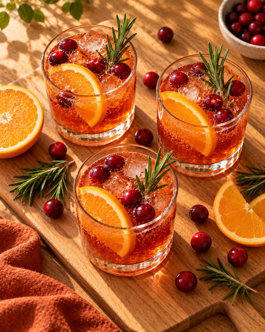 Three glasses of iced drinks garnished with orange slices, cranberries, and rosemary sprigs sit on a wooden board, surrounded by loose cranberries, orange wedges, and rosemary on a sunlit table.