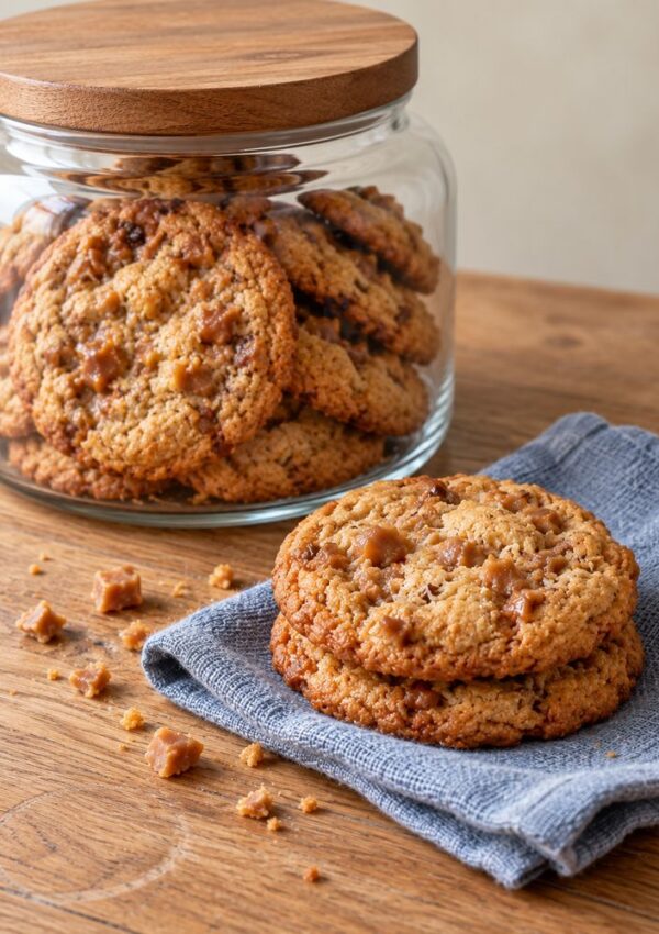 Two toffee chunk cookies stacked on a blue cloth napkin, next to a glass jar filled with more cookies.