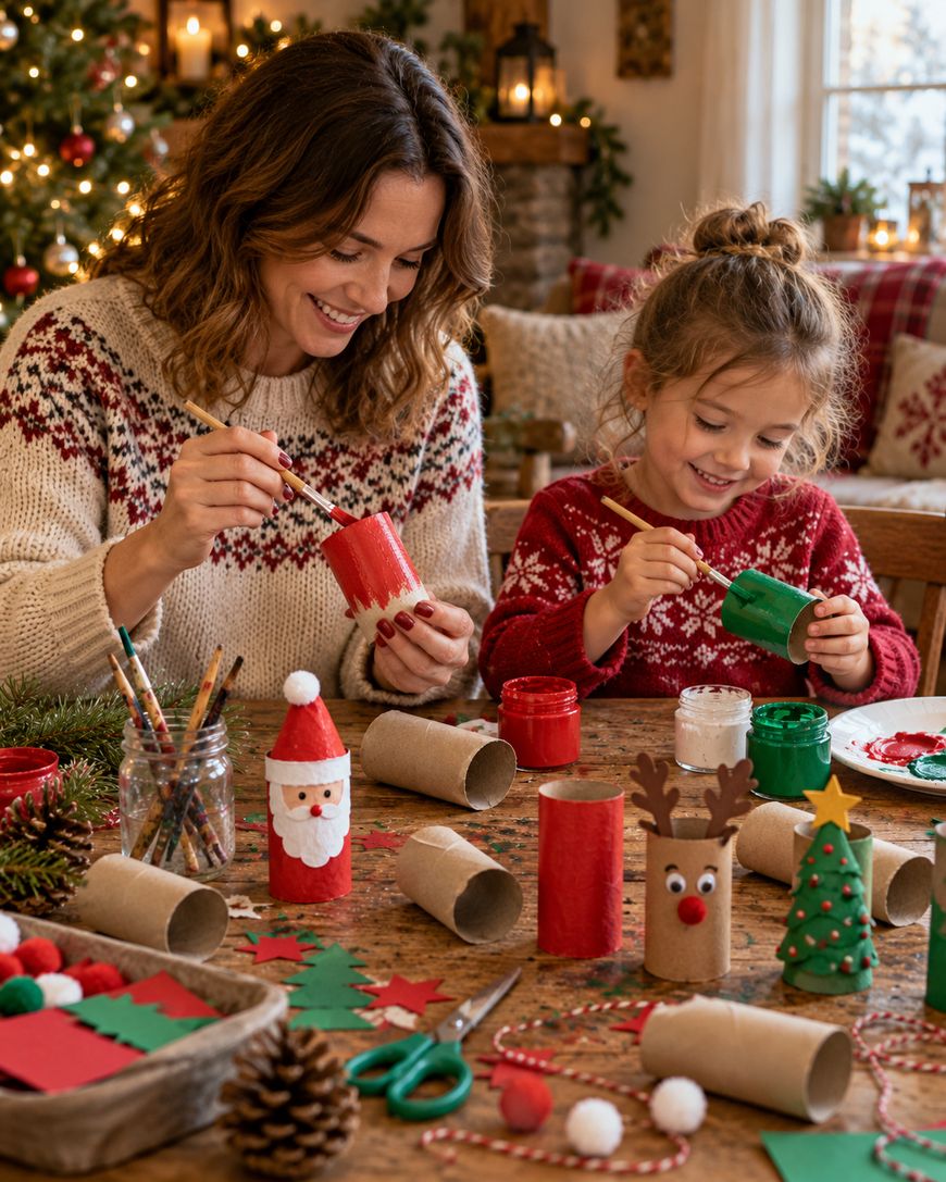 A woman and a young girl sit at a wooden table painting cardboard tubes to look like Christmas characters.