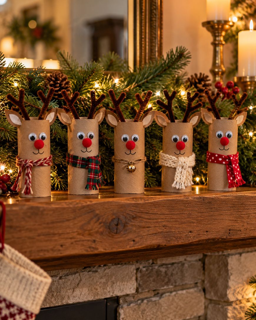Five reindeer crafts made from toilet paper rolls, each featuring googly eyes, a red nose, pipe-cleaner antlers, and a small scarf, arranged on a fireplace mantel.
