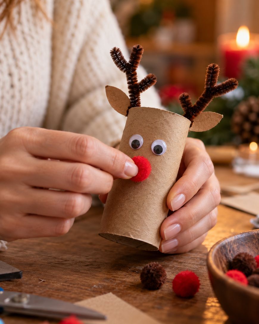 Hands attaching a red pom-pom nose to a toilet paper roll reindeer craft with pipe cleaner antlers.