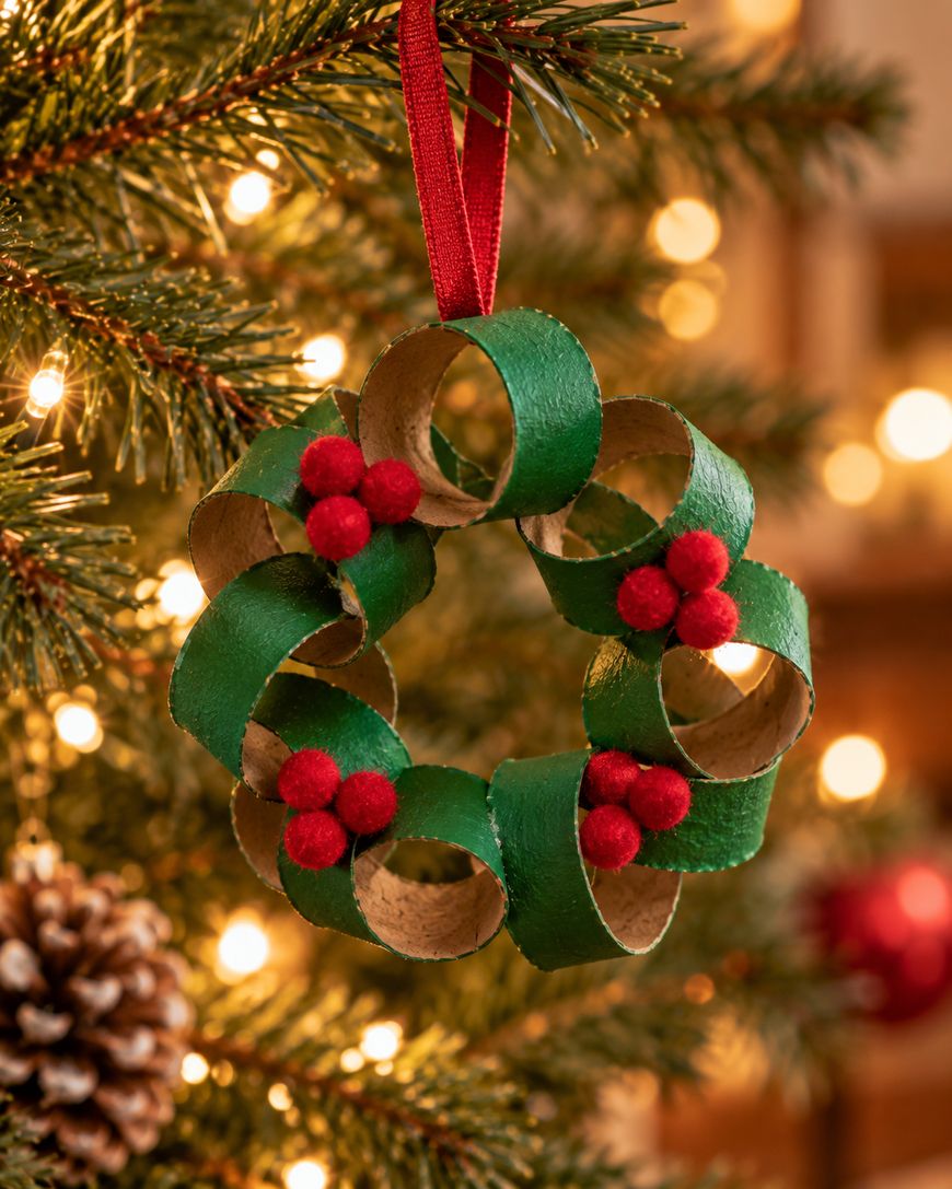 A miniature wreath ornament crafted from green-painted cardboard rings and small red pom-poms, hanging on a Christmas tree.