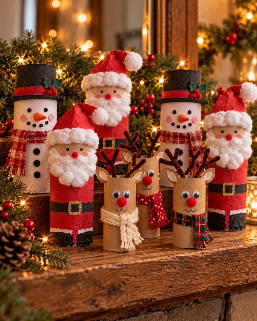 A collection of DIY toilet paper roll ornaments shaped like snowmen, Santas, and reindeer displayed on a wooden mantelpiece.