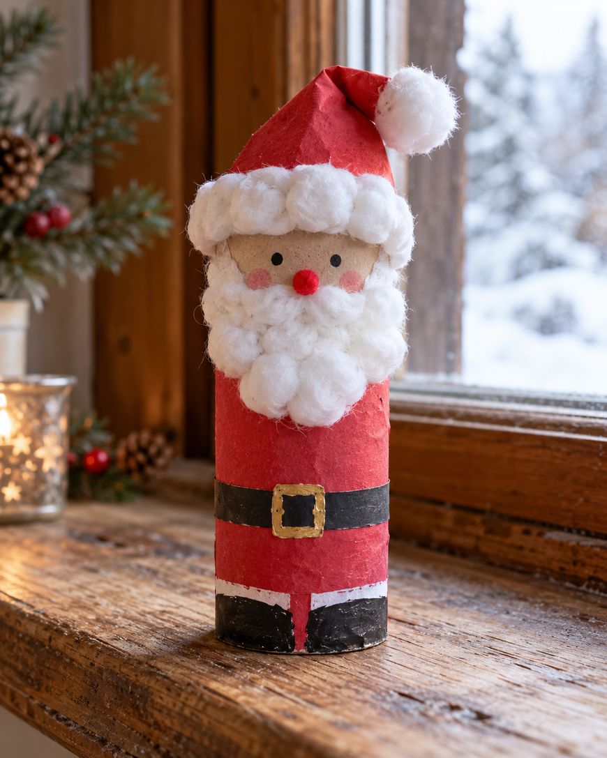 A Santa Claus craft made from a cardboard tube, featuring a red hat with a cotton ball pom-pom, a fluffy cotton beard, and a black belt with a gold buckle.
