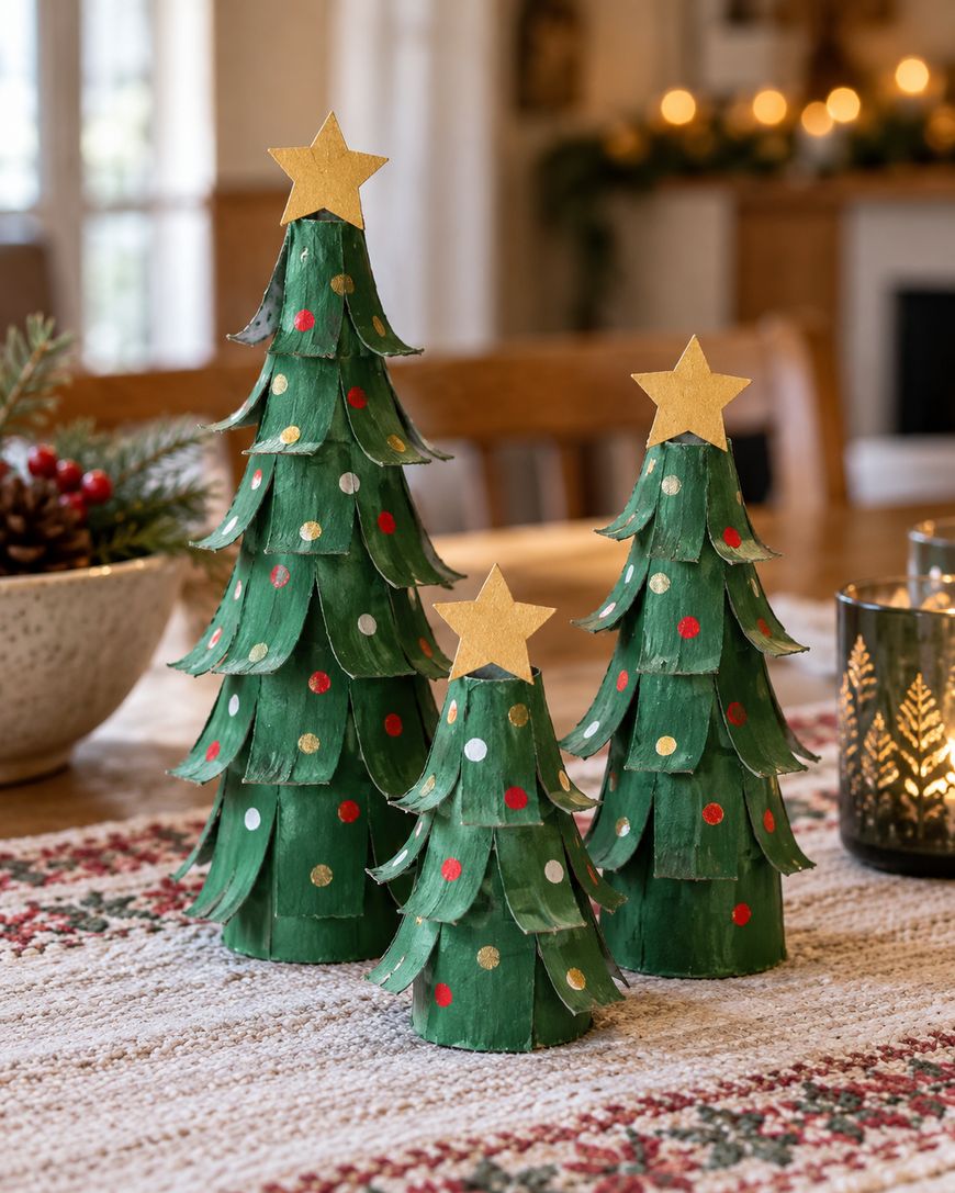 Three handmade green paper Christmas trees decorated with small red, gold, and white circles, each topped with a gold star.