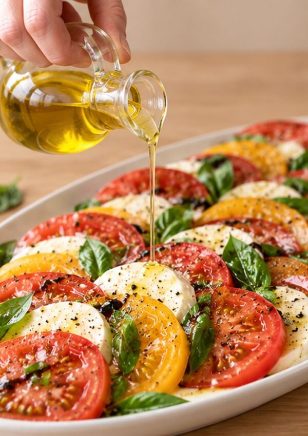Olive oil being poured from a glass cruet over a platter of sliced tomatoes, mozzarella, and fresh basil.